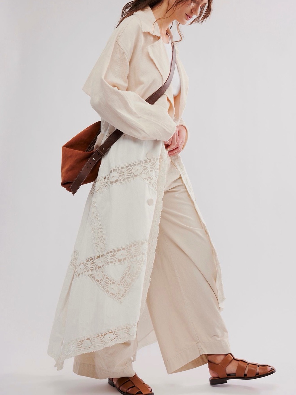 We The Free Lily duster Crochet-Trim Maxi Coat in Cream one size M/L